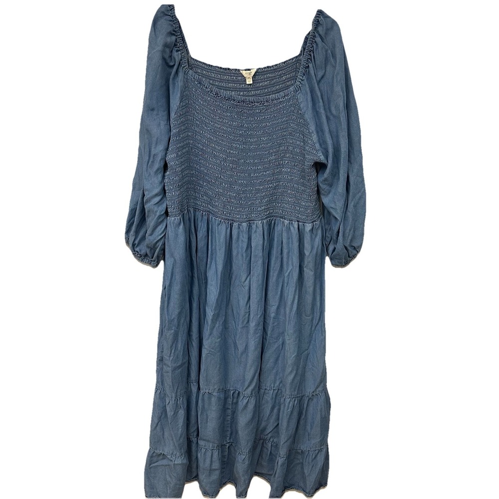 Terra & Sky 4XL Tiered Denim Boho Dress Long Sleeve Smocked Square Neck Chambray